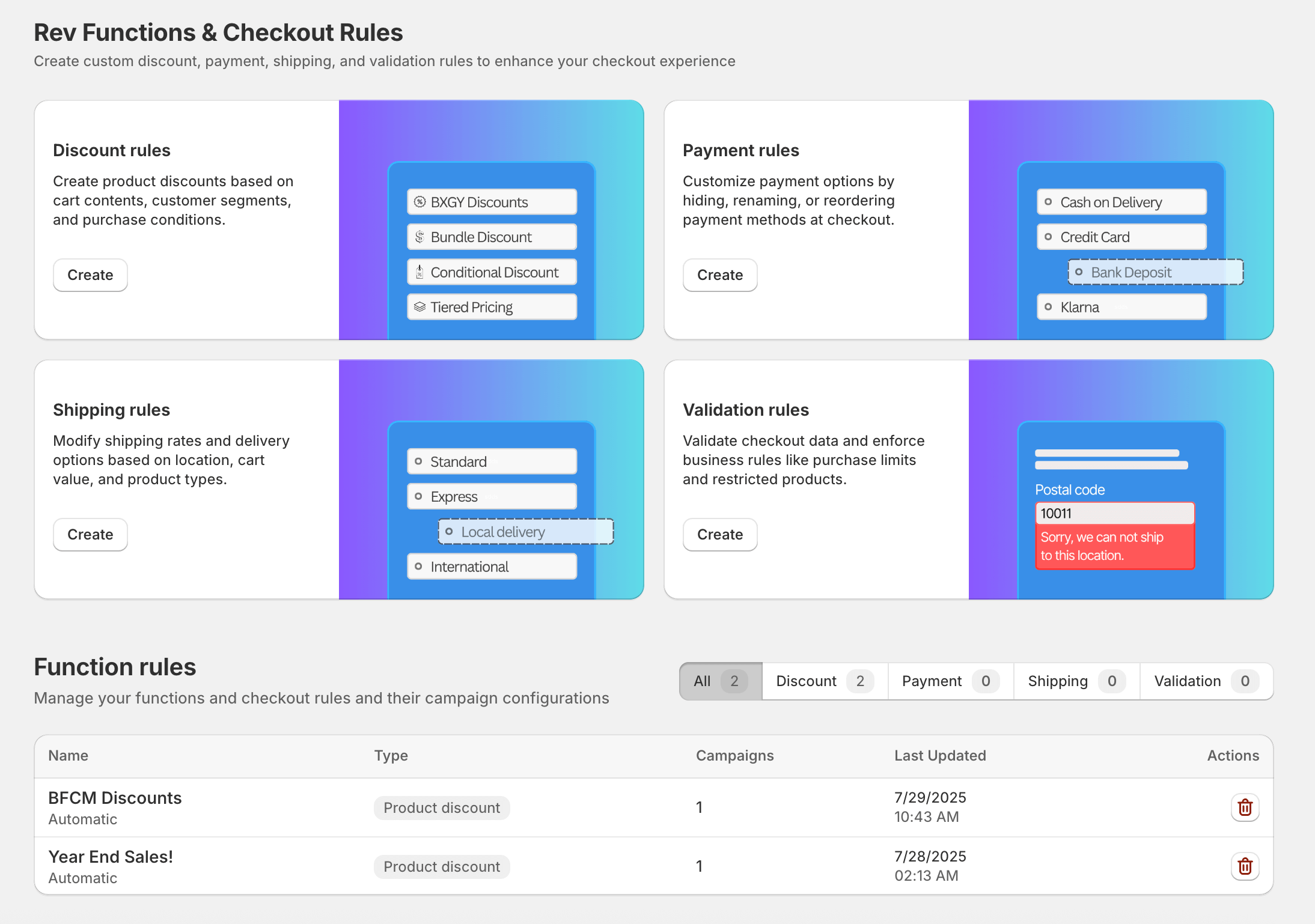 Rev Functions & Checkout Rules App Interface
